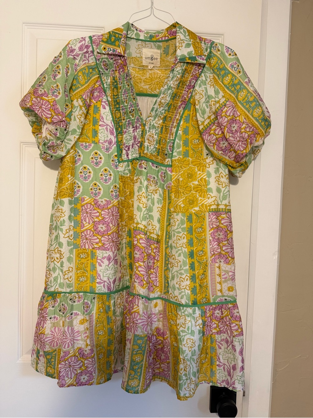 Umgee Women's Floral Patchwork Dress in Green, Yellow & Pink